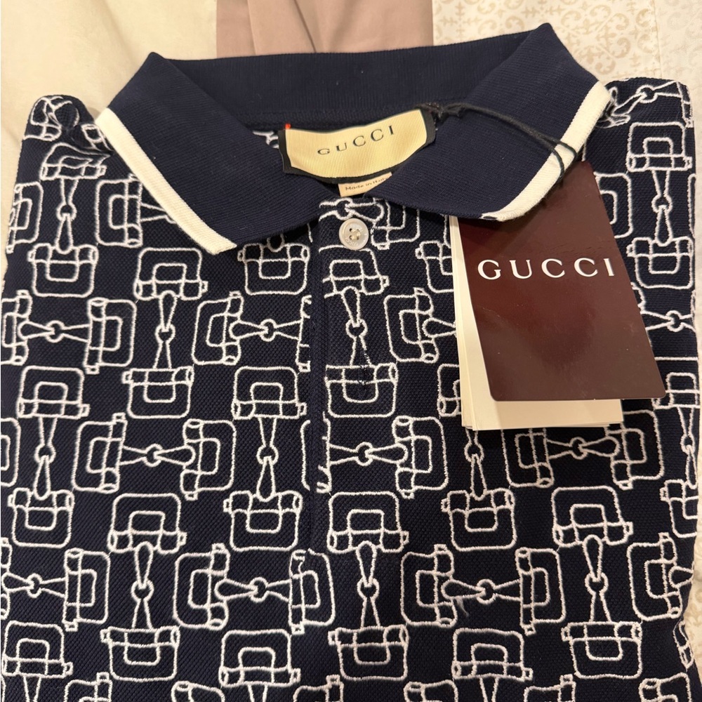 Gucci Men's Polo Shirt in Navy with White Pattern